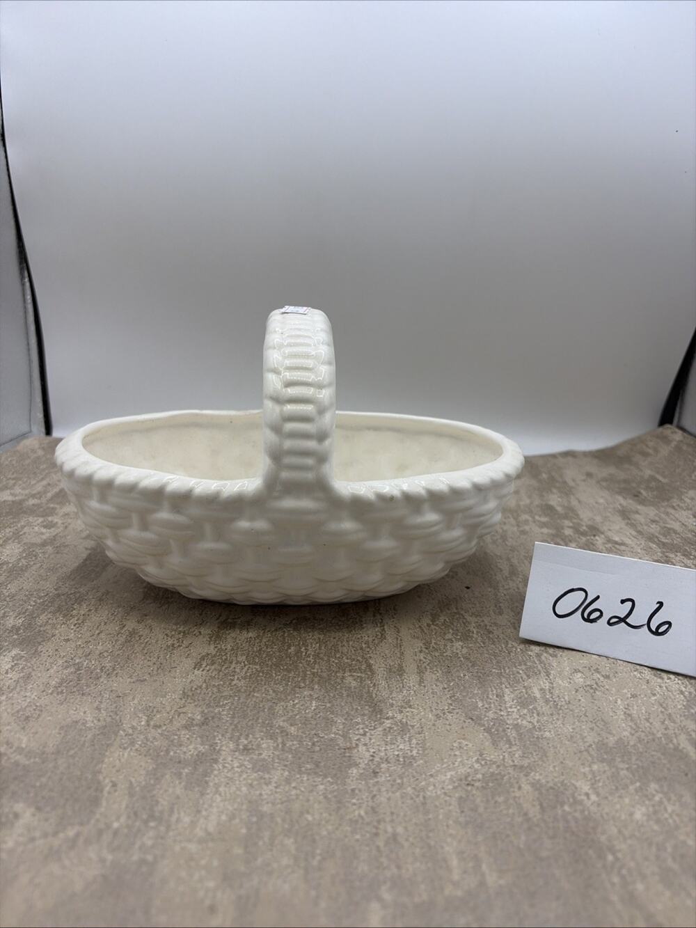 Vtg Ceramic White Embossed Basketweave Basket Embossed White Design W/Handle